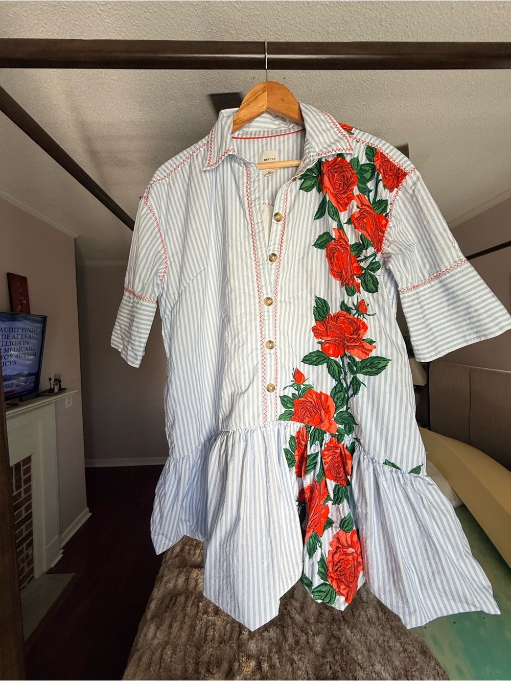 Maeve White & Green Striped Mini Dress with Red Rose Appliqué - Picture 3 of 9